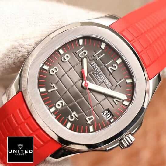 Patek Philippe Geneve Brown Dial Red Rubber Bracelet Replica on the hand