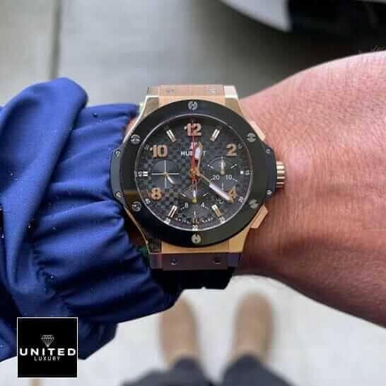 Hublot Big Bang Gold Case Black Bezel Replica red second hand on the wrist