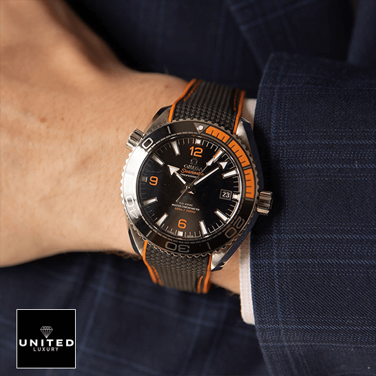 Omega Seamaster Orange Black Dial Replica on the wrist