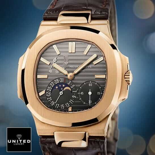 Patek Philippe Nautilus Black Dial Leather Bracelet Replica blue background