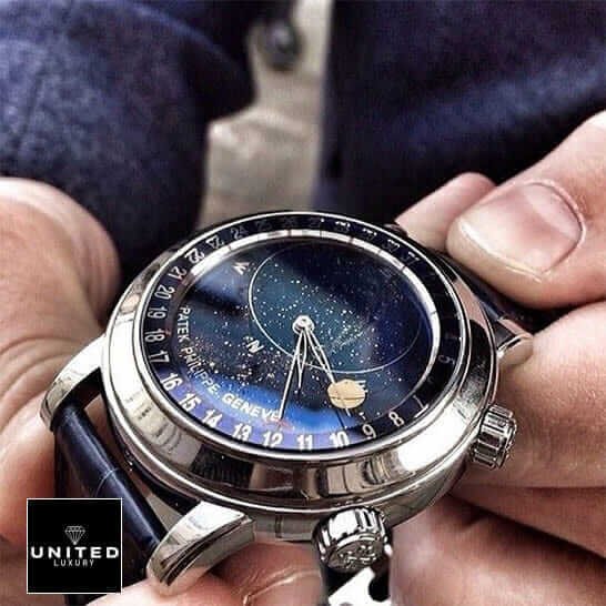 Patek Philippe Celestial Grand 6102 Blue Dial Replica on the man hand