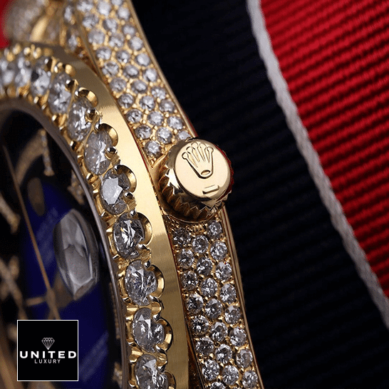 Rolex Day-Date 36 18038 Full Diamond Case Replica Gold Crown Pusher